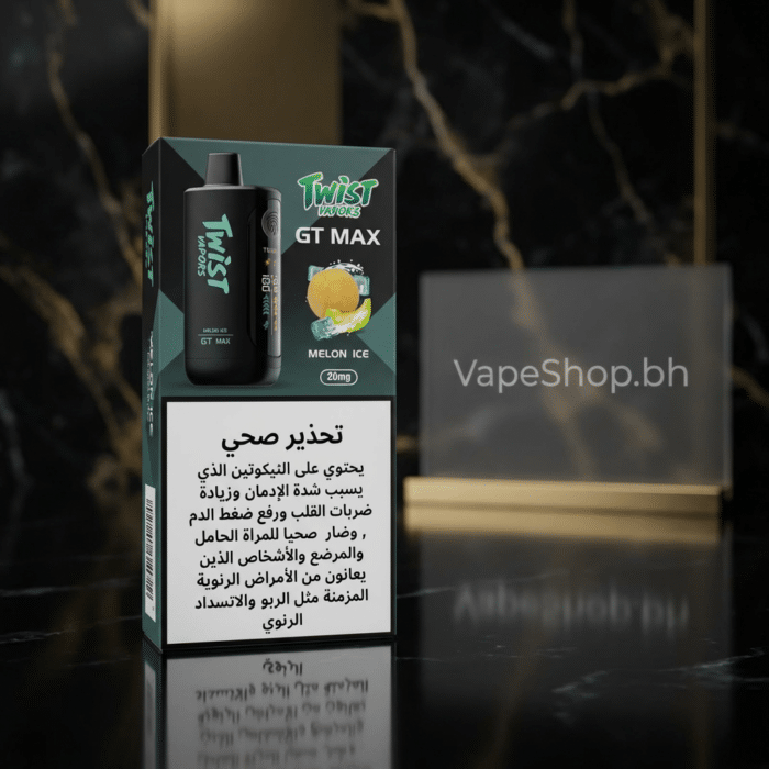 Detailed shot of twist gt max 20000 vape mouthpiece and battery indicator on black casing, twist vapors