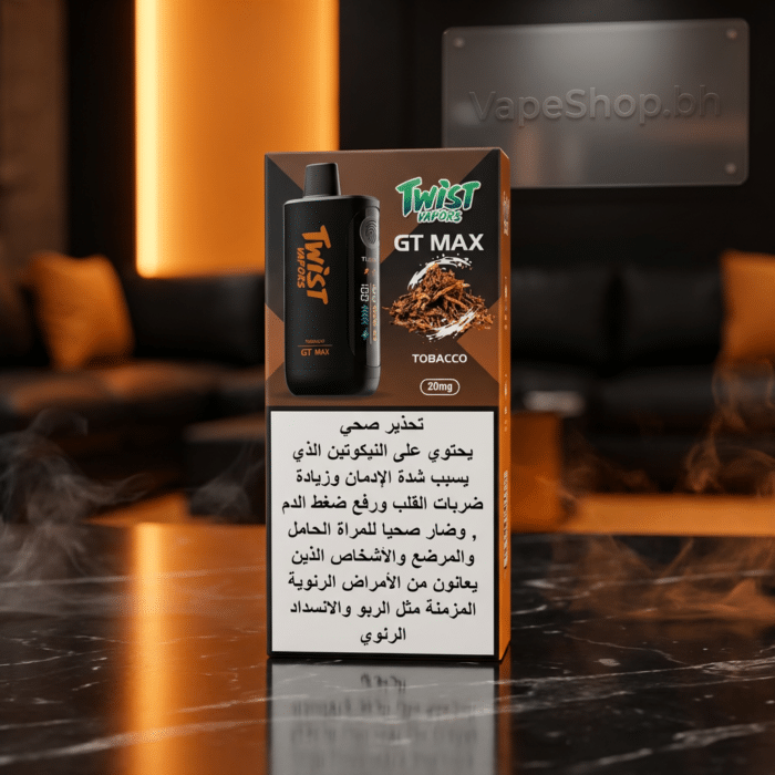 Side profile of sleek twist vapors gt max 20k 20000 puffs vape with flavor window details, bahrain