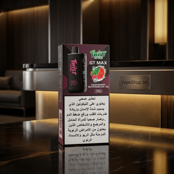 Full view of twist vapors gt max 20000 disposable vape kit with packaging elements and puff capacity