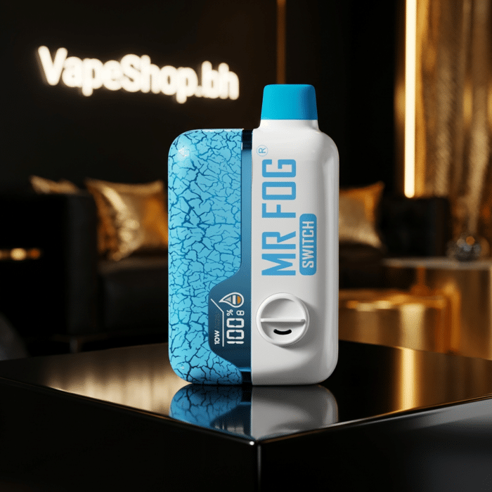 Mr fog 15k disposable in hand, illustrating slim 90mm height and dual mesh coil power for bahrain.