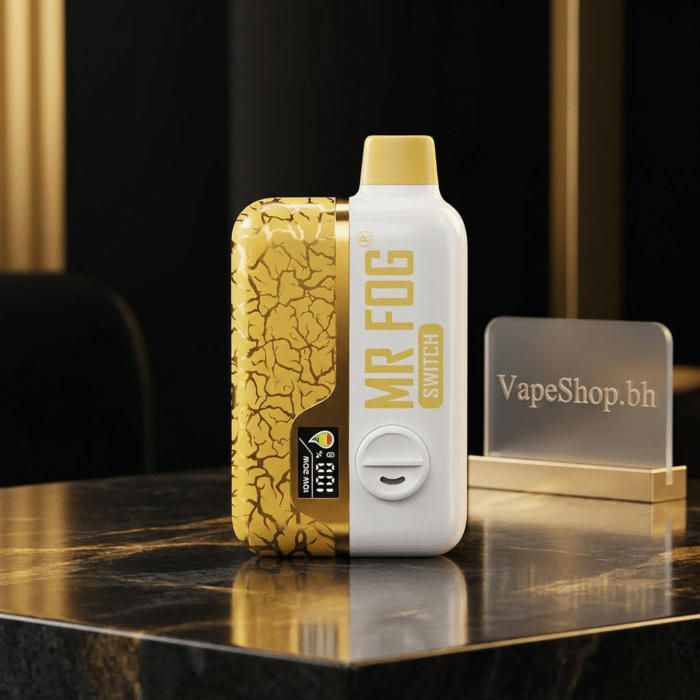 Profile view of mr fog 15k vape with tpu mouthpiece and smart display, durable bahrain disposable.