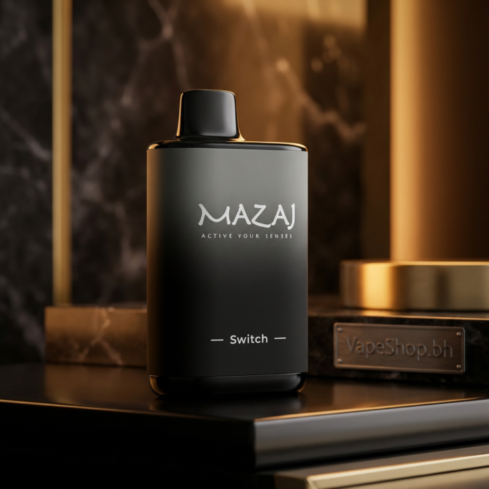 Mazaj switch device angled view highlighting type-c port, ergonomic 20ml e-liquid disposable vape, bahrain exclusive.