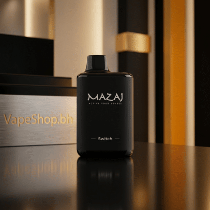 Close-up of Mazaj Switch Device showing switch mechanism, compact purple disposable vape for 12000 puffs in Bahrain.