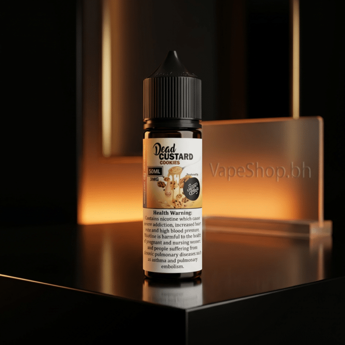 Dead custard freebase e-liquid bottle lifestyle view, smooth custard freebase, perfect for bahrain mesh coils.