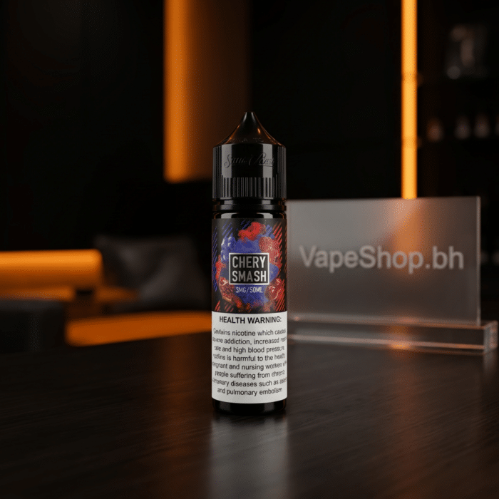 Closeup of sam's vape e-liquids freebase by samsvape, sleek bottle with colorful graphics for vaping