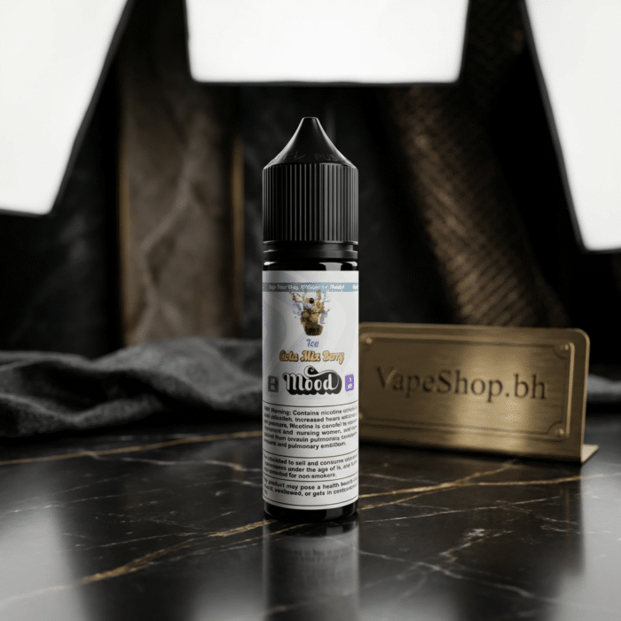 Vibrant mood e-liquids freebase bottle for bahrain vapers, glossy finish and clear flavor branding.