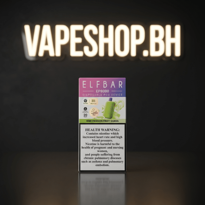 Angled view of compact elf bar ep 8k disposable by elfbar, 8000 puffs capacity with quaq flavor tech.