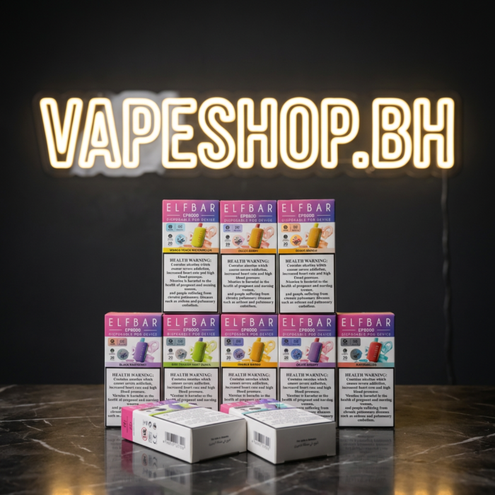 ELFBAR Elf Bar EP 8K disposable vape in sleek rectangular shape with QUAQ mesh and battery indicator, Bahrain vape shop.