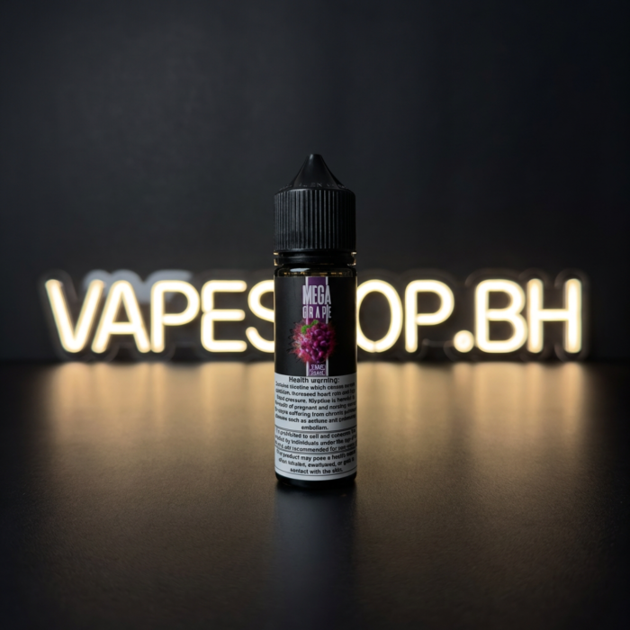 Close-up of mega e-liquids freebase by grand e-liquids, bold flavor graphics on sleek bottle.
