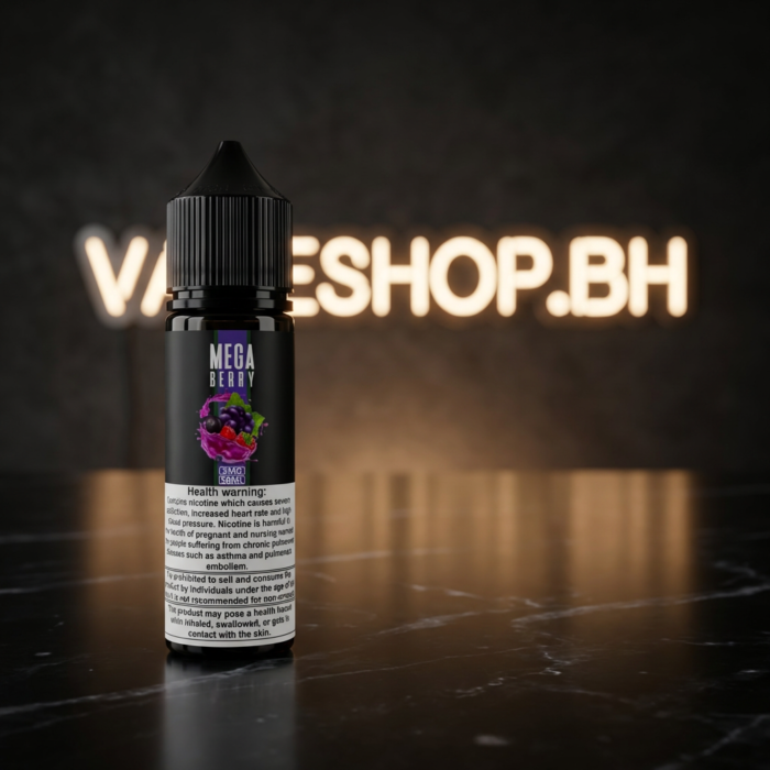 Grand e-liquids mega freebase vape juice in tall bottle with eye-catching flavor artwork.