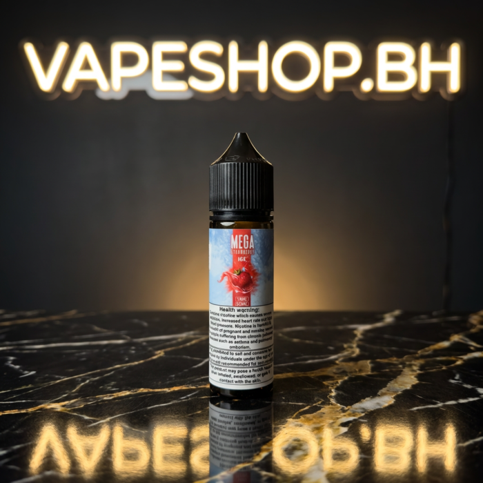 Mega freebase e-juice from grand e-liquids, detailed label with flavor burst visuals.