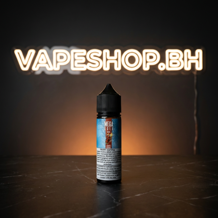 Mega e-liquids freebase by grand e-liquids, clear bottle revealing colorful e-liquid.