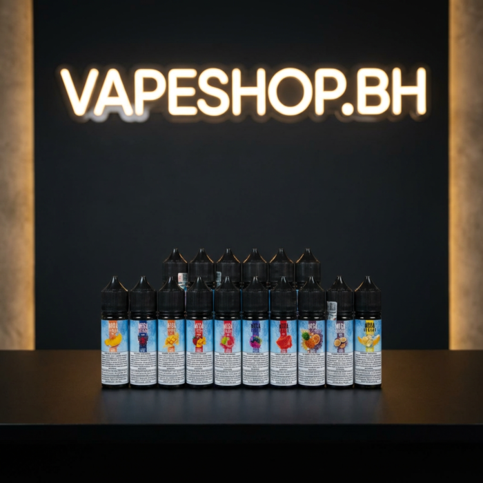 Mega freebase from grand e-liquids, eye-popping label on ergonomic vape juice bottle.