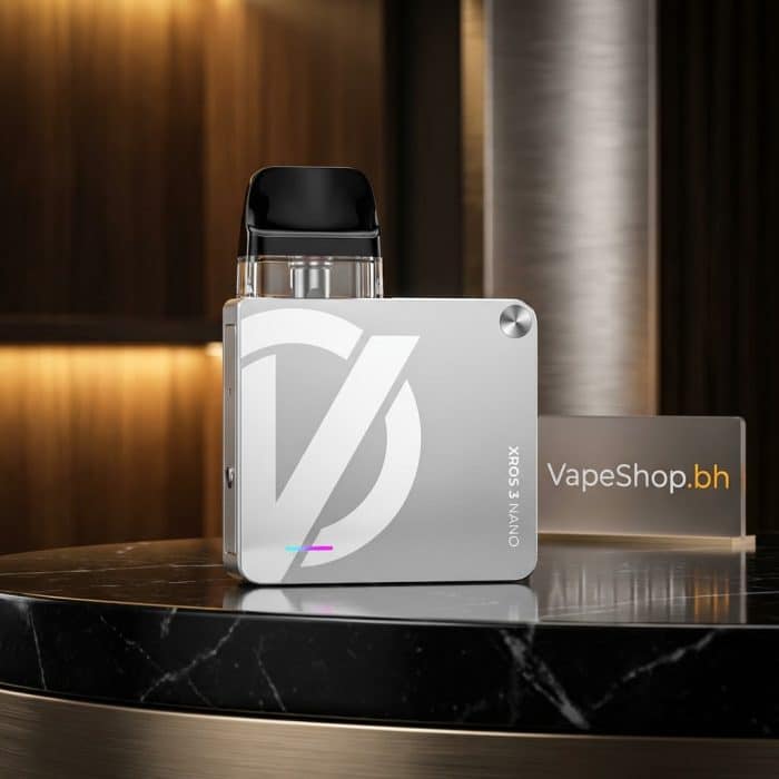 Close-up of vaporesso xros 3 nano saltnic device in black, sleek ergonomic design with neon led battery indicator and type-c port