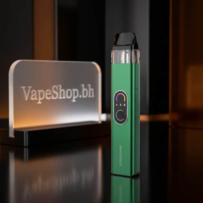 Profile view of black **vaporesso xros 4** kit showing slim aluminum alloy body, button, magnetic pod connection, saltnic pod system.