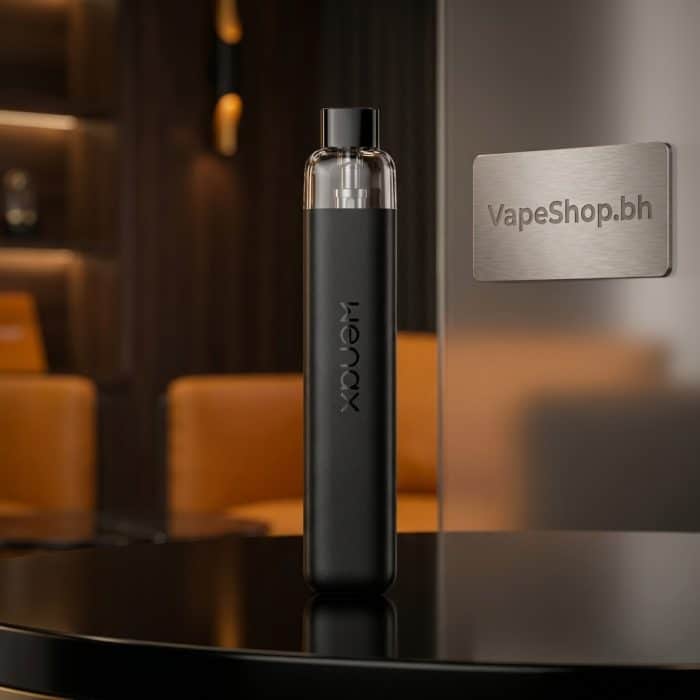 **geekvape wenax k1** saltnic device in black, showing side-fill 2ml pod and fire button on compact 114mm aluminum chassis, bahrain vape.