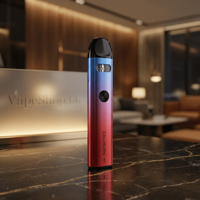 Angled shot of **caliburn a2** by uwell in purple, 520mah battery pod system with button firing for saltnic mtl vaping.