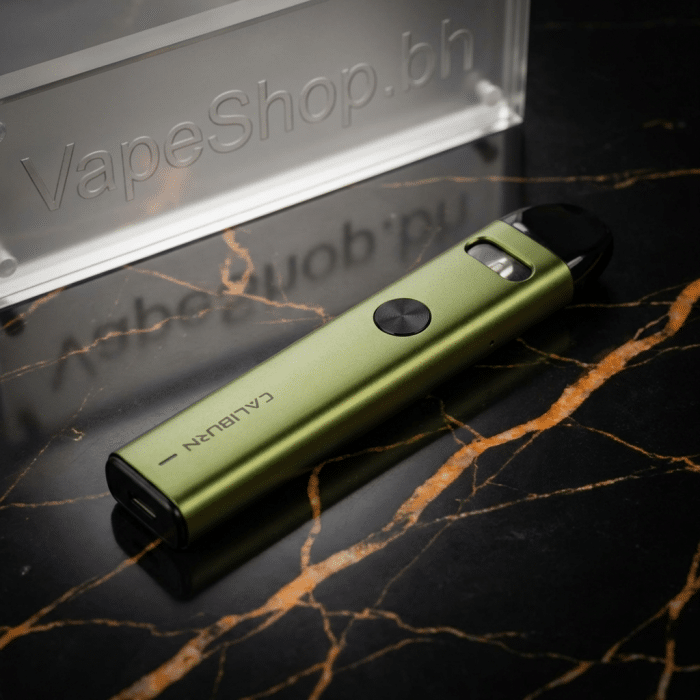 Profile view of **uwell caliburn a2 pod kit**, slim black vape with 0. 9ohm mesh coil pod, draw-activated for bahrain vapers.