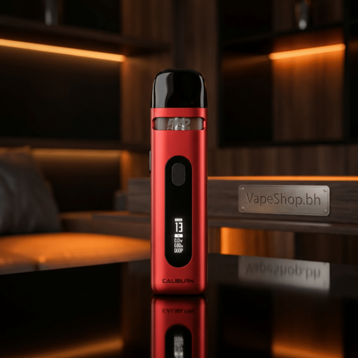 Side view of matte black uwell caliburn x pod kit, featuring firing button and juice window.