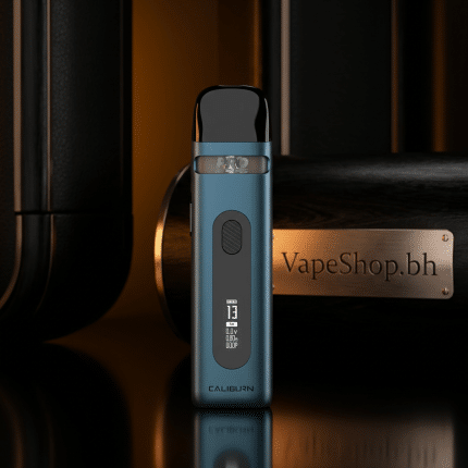 Close-up of UWELL Caliburn X pod kit showing OLED display and adjustable airflow slider, SaltNic device.