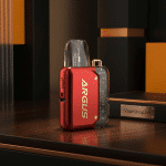 Close-up Voopoo Argus P1 fast-charge pod vape, lanyard loop and magnetic pod connection visible.