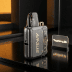 Side angle of Voopoo Argus P1 pod system, 20W output with 0.7ohm leak-resistant pod and Type-C port.