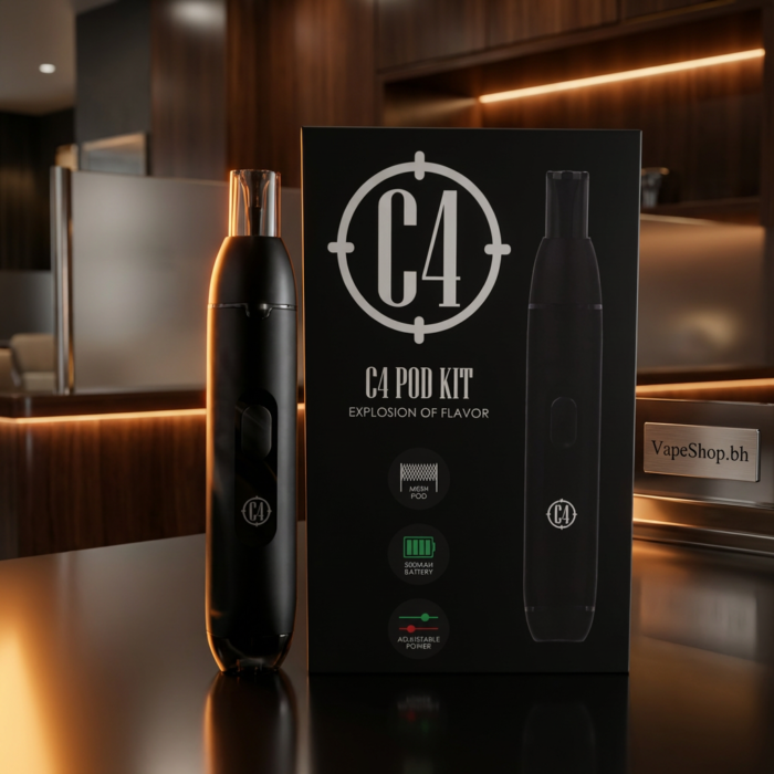 Portable black c4 pod kit showcasing 1. 8ml refillable pod, 550mah battery for bahrain vape enthusiasts.