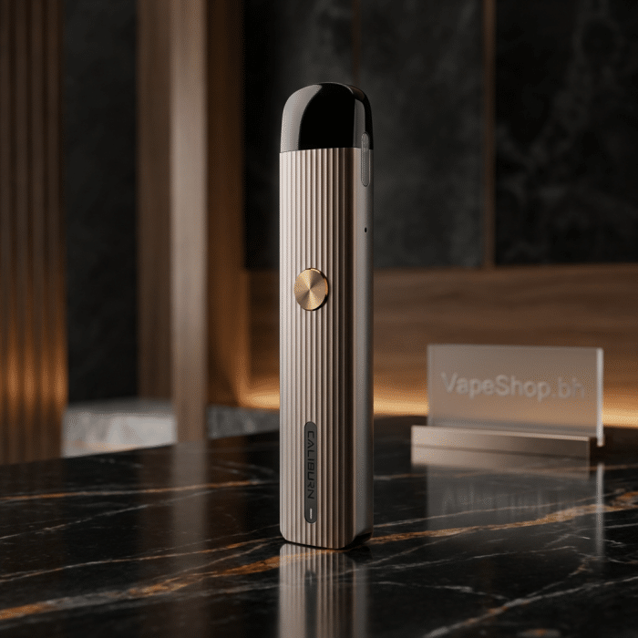 **caliburn g** by uwell salt nic device, compact 108mm height with textured grip, draw-activated button, e-liquid view windows.