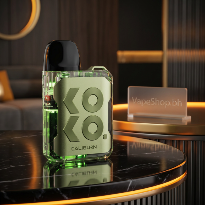 Close view of uwell caliburn gk2 pod system showing high-transparency pc panels, airflow wheel, type-c port on lightweight 18w saltnic vape kit for bahrain