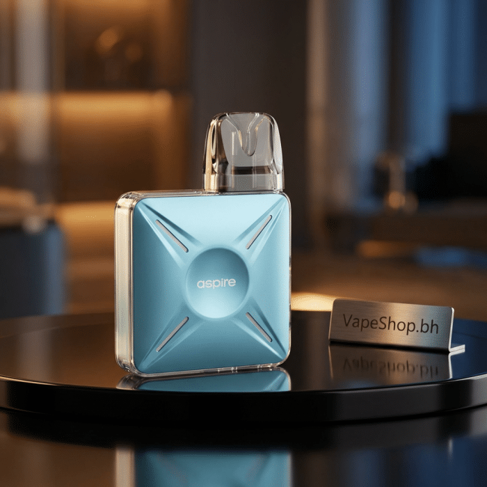 Aspire cyber x kit top view, adjustable airflow 3ml tsx pod, transparent aspire saltnic vape kit with button activation.