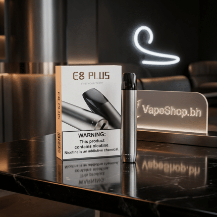 Compact E8+ Pod Kit in black, showing gold-plated 1.5ohm/1.8ohm refillable pods and MicroUSB port, SaltNic device for Bahrain.