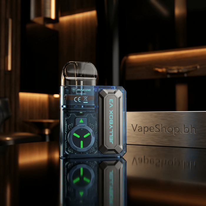 Rincoe jellybox v3 saltnic pod kit angled shot, clear colorful casing with led indicator, lightweight 44. 5g bahrain vape