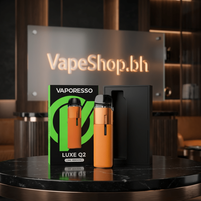 Side view of vaporesso luxe q2 kit black leather texture, precise airflow control, 1000mah rechargeable saltnic device bahrain