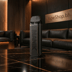 Wotofo Manik Mini MTL pod system angled view with leather trim, micro USB port, 1000mAh battery display on OLED screen, Bahrain vape kit