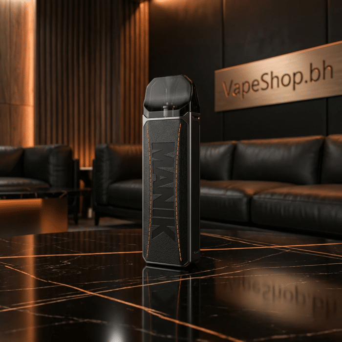 Wotofo manik mini mtl pod system angled view with leather trim, micro usb port, 1000mah battery display on oled screen, bahrain vape kit