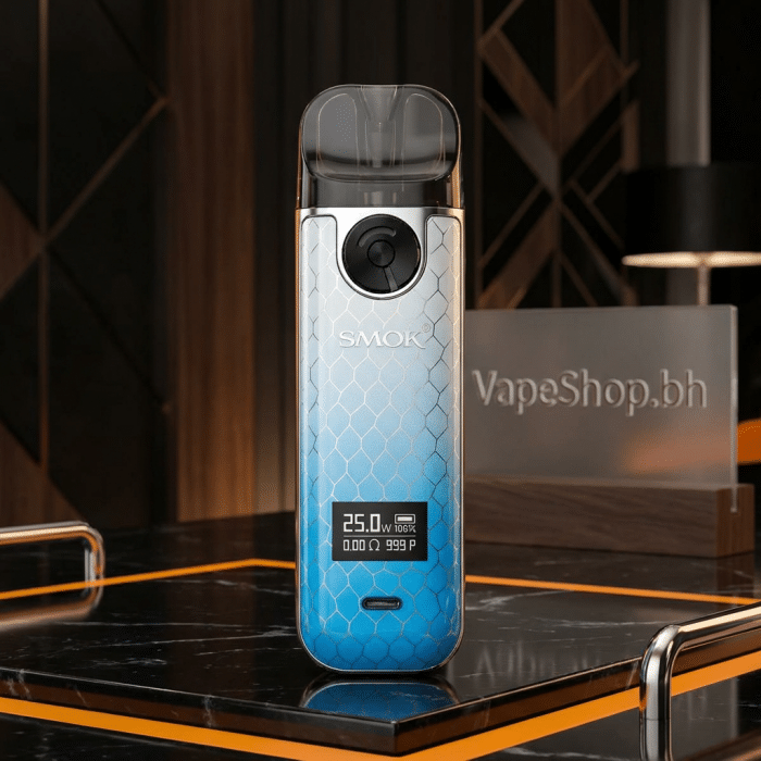 Close-up of smok novo 4 pod system showing side-fill 2ml pod, lp1 coil and magnetic connection on saltnic device.