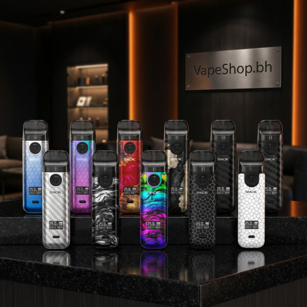 SMOK Novo 4 vape kit in sleek black compact design with 800mAh battery, 0.49-inch OLED screen and adjustable airflow for Bahrain vapers.