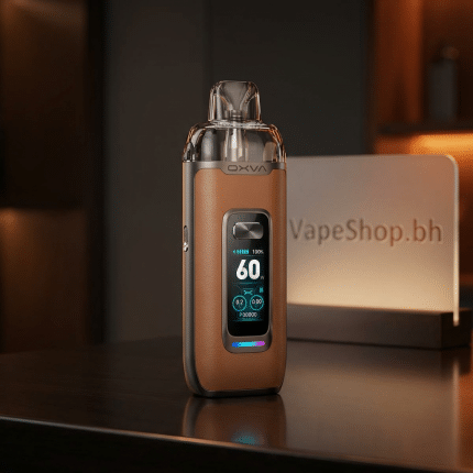 OXVA Xlim Vprime salt nic pod system side view, adjustable airflow slider, compact zinc-alloy body with leather grip