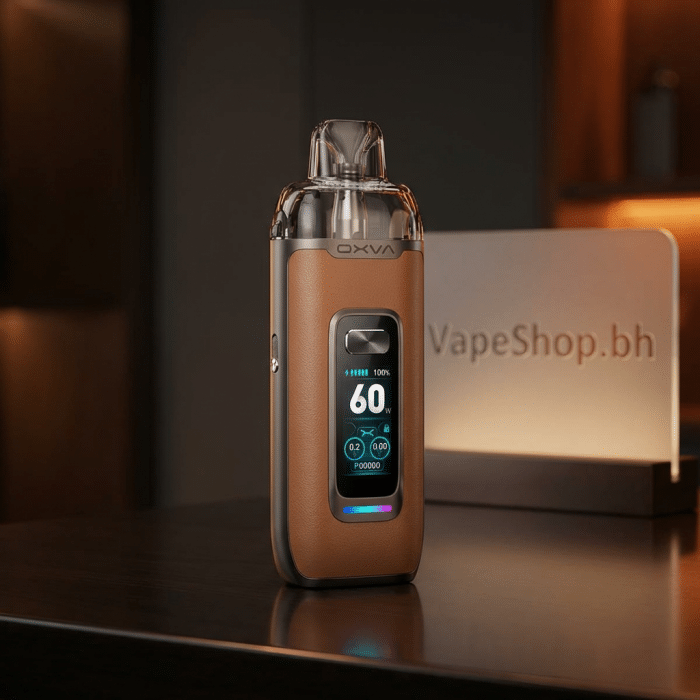 Oxva xlim vprime salt nic pod system side view, adjustable airflow slider, compact zinc-alloy body with leather grip
