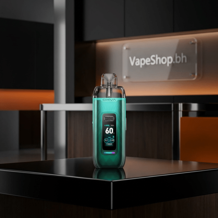 Front view of oxva vprime kit, vibrant 0. 96-inch screen, fire button and led strip on vprime salt nic device