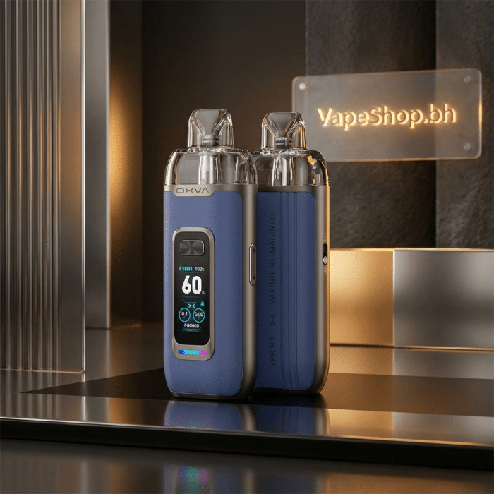 Oxva vprime kit displaying battery and puff count on 0. 96-inch color screen, bahrain vape pod system