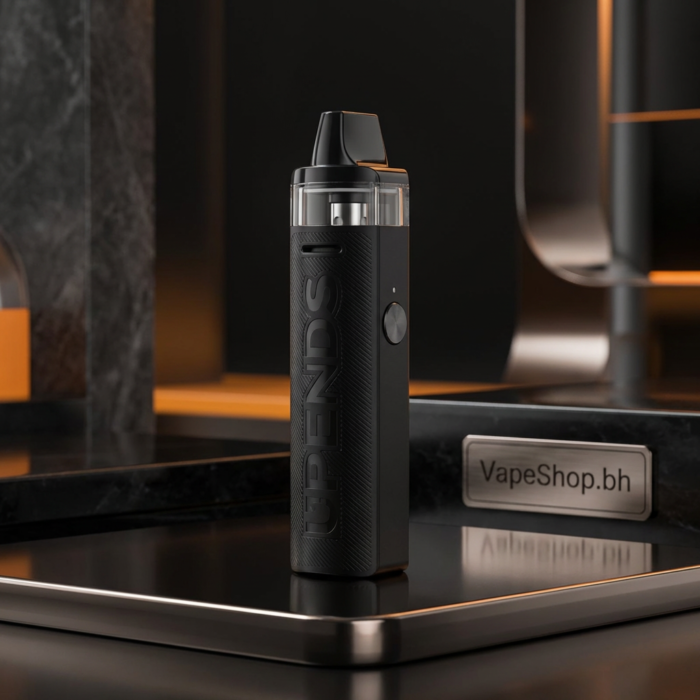 Close-up of upends uppor pod kit showing 2ml refillable transparent pod, auto wattage coil detection, and usb-c port in bahrain vape store.