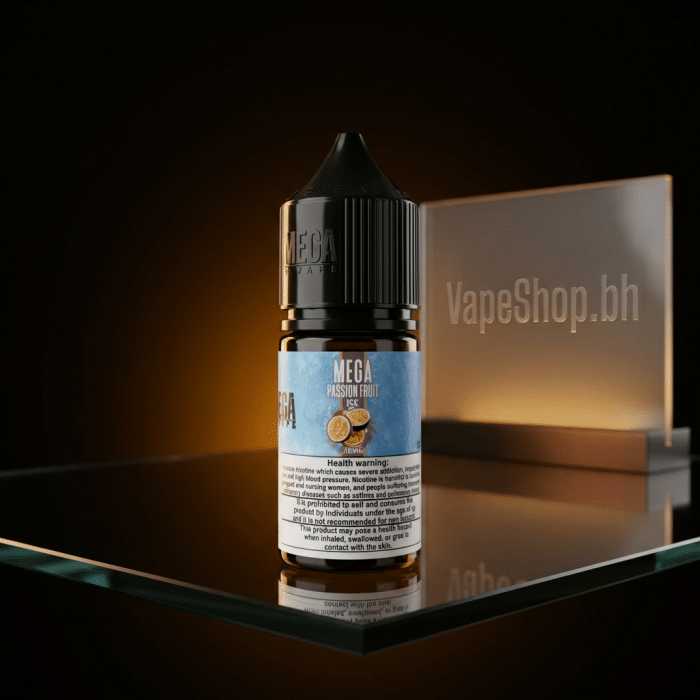 Mega e-liquids saltnic salt nic, clear bottle showcasing flavor label details