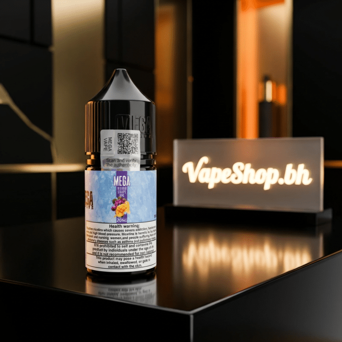 Mega e-liquids saltnic vape, grand brand label in sharp focus