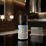 Mega E-Liquids Saltnic vape juice, colorful variant bottle display
