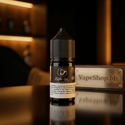 Captain Gold Saltnic e-liquid bottle detail shot showing flavor and nicotine strength
