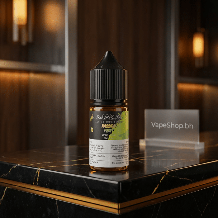 Mazaj saltnics 30ml e-liquid side profile on sleek bottle, nicotine salt for bahrain mtl vapes