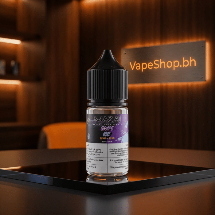 Mazaj salt nic e-liquid 30ml top-down view of child-resistant cap and vivid branding for bahrain