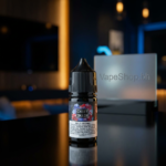 Closeup of Samsvape Saltnic e-juice bottle showing vibrant berry blast flavor, 50/50 VG/PG mix