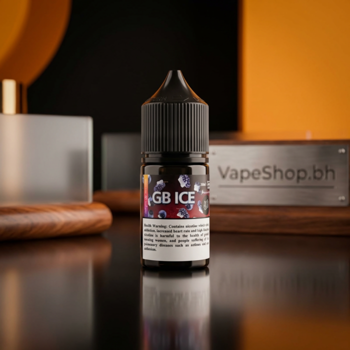 Close-up of gb e-liquids saltnic 10ml bottle, high-strength salt nic e-liquid perfect for bahrain vape shop.